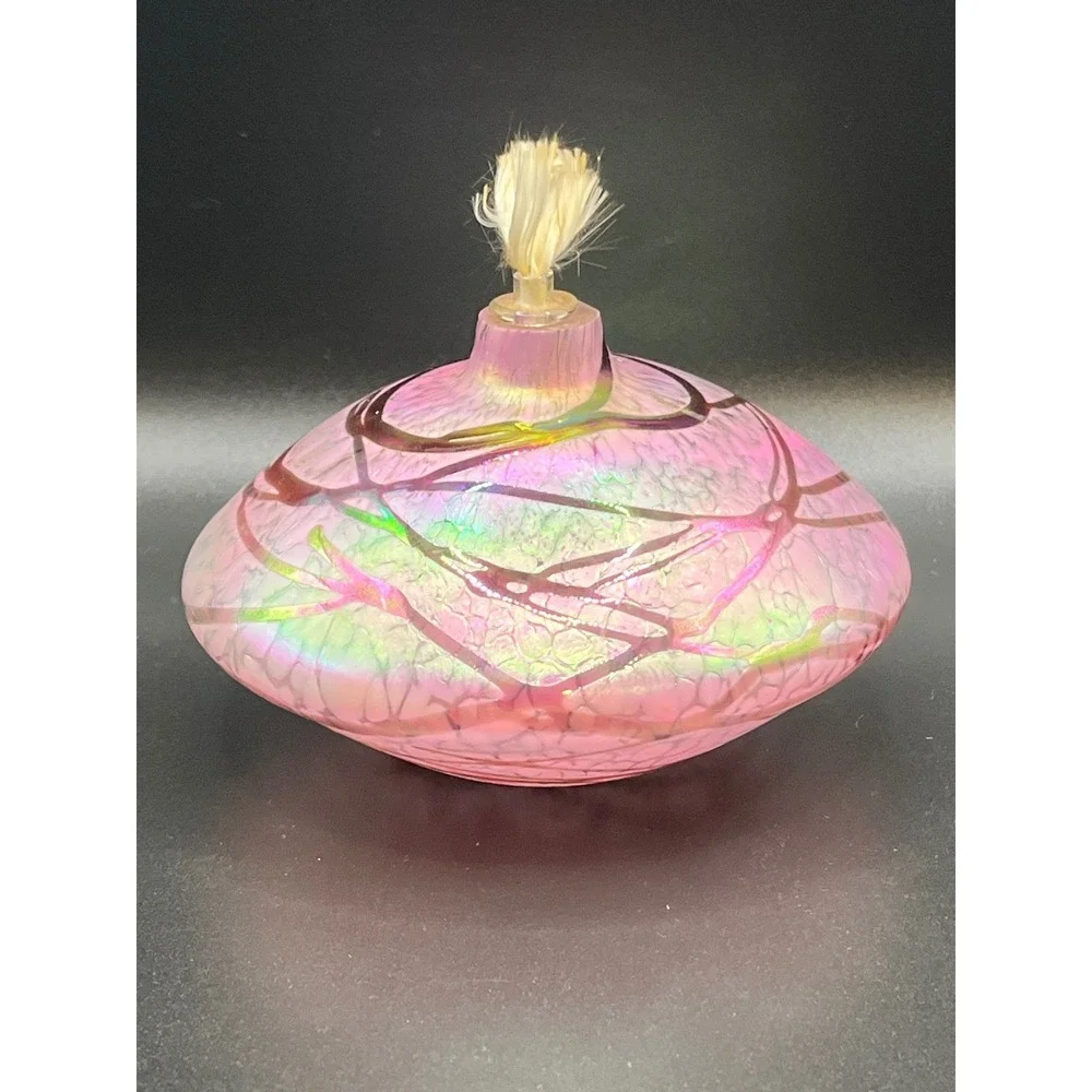 Pink Iridescent Glass Oil Lamp‎ Crackle Swirl Design Decor Accent Lighting 5